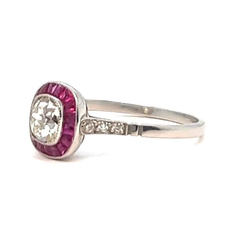 Art Deco Inspired Diamond Ruby Platinum Engagement Ring For Sale 1