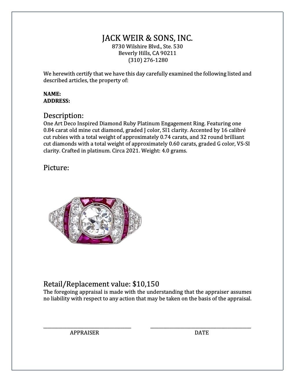 Art Deco Inspired Diamond Ruby Platinum Engagement Ring 2