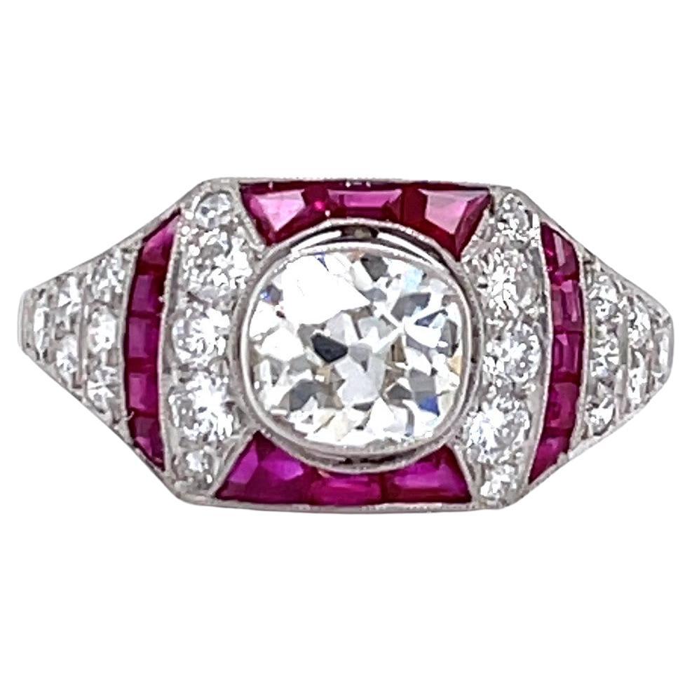 Art Deco Inspired Diamond Ruby Platinum Engagement Ring