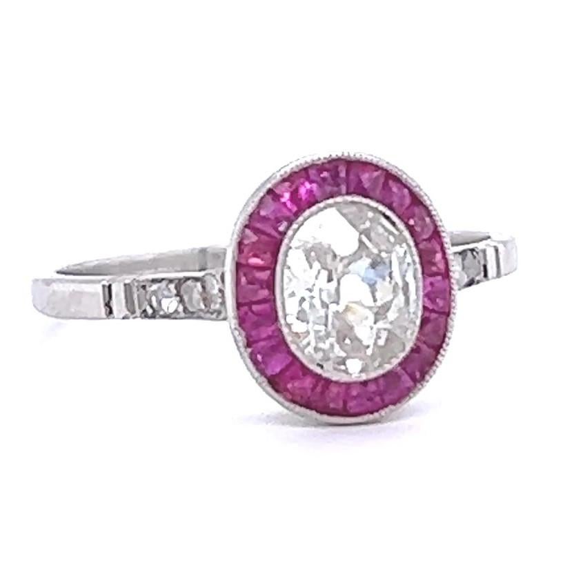 Women's or Men's Art Deco Inspired 0.65 Carat Diamond Ruby Platinum Halo Ring For Sale