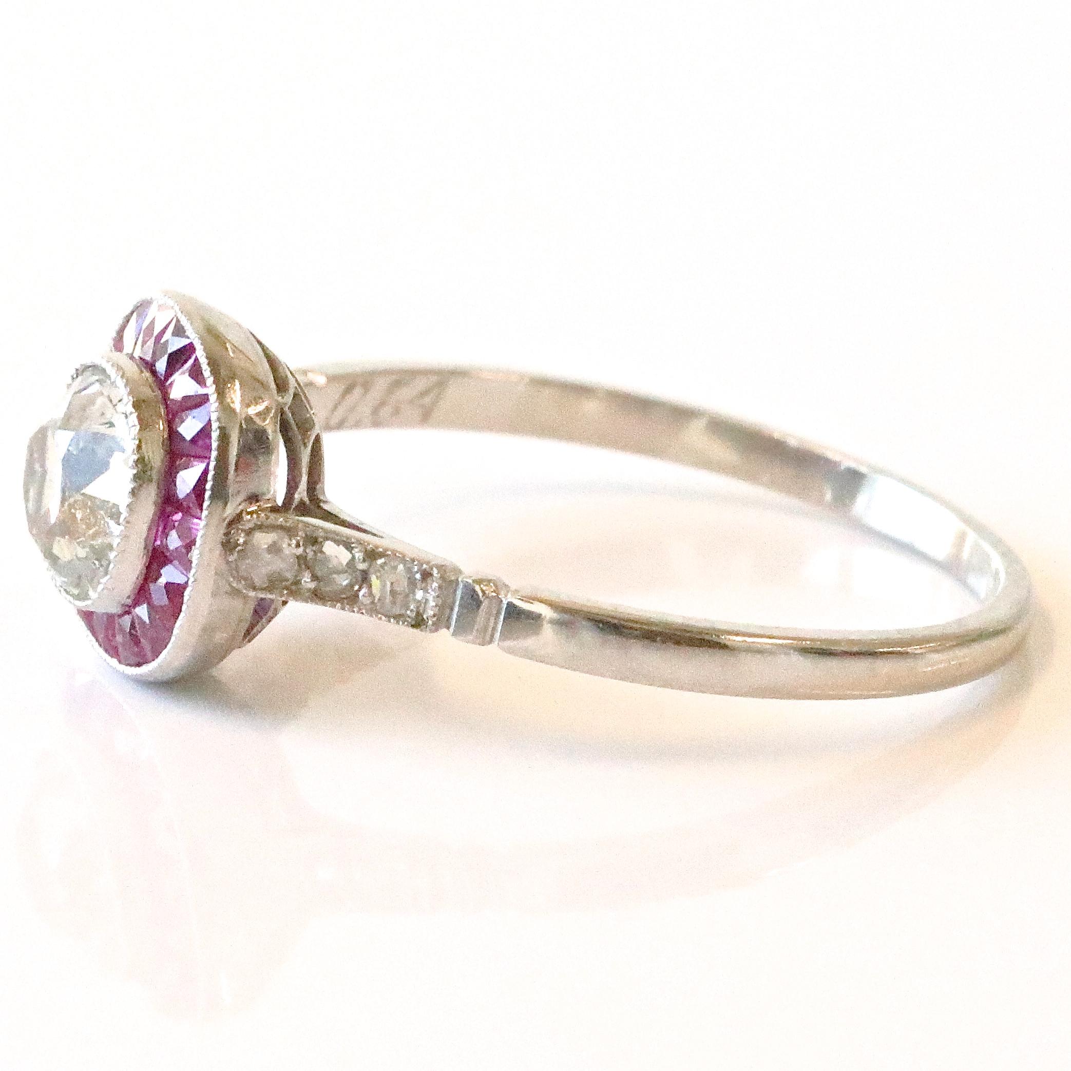 Old Mine Cut Art Deco Inspired Diamond Ruby Platinum Ring