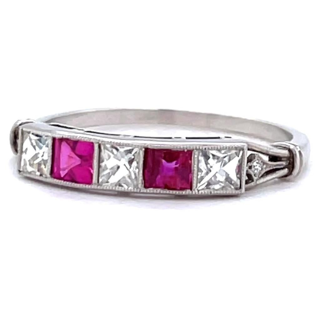 Women's or Men's Art Deco Inspired Diamond Ruby Platinum Ring