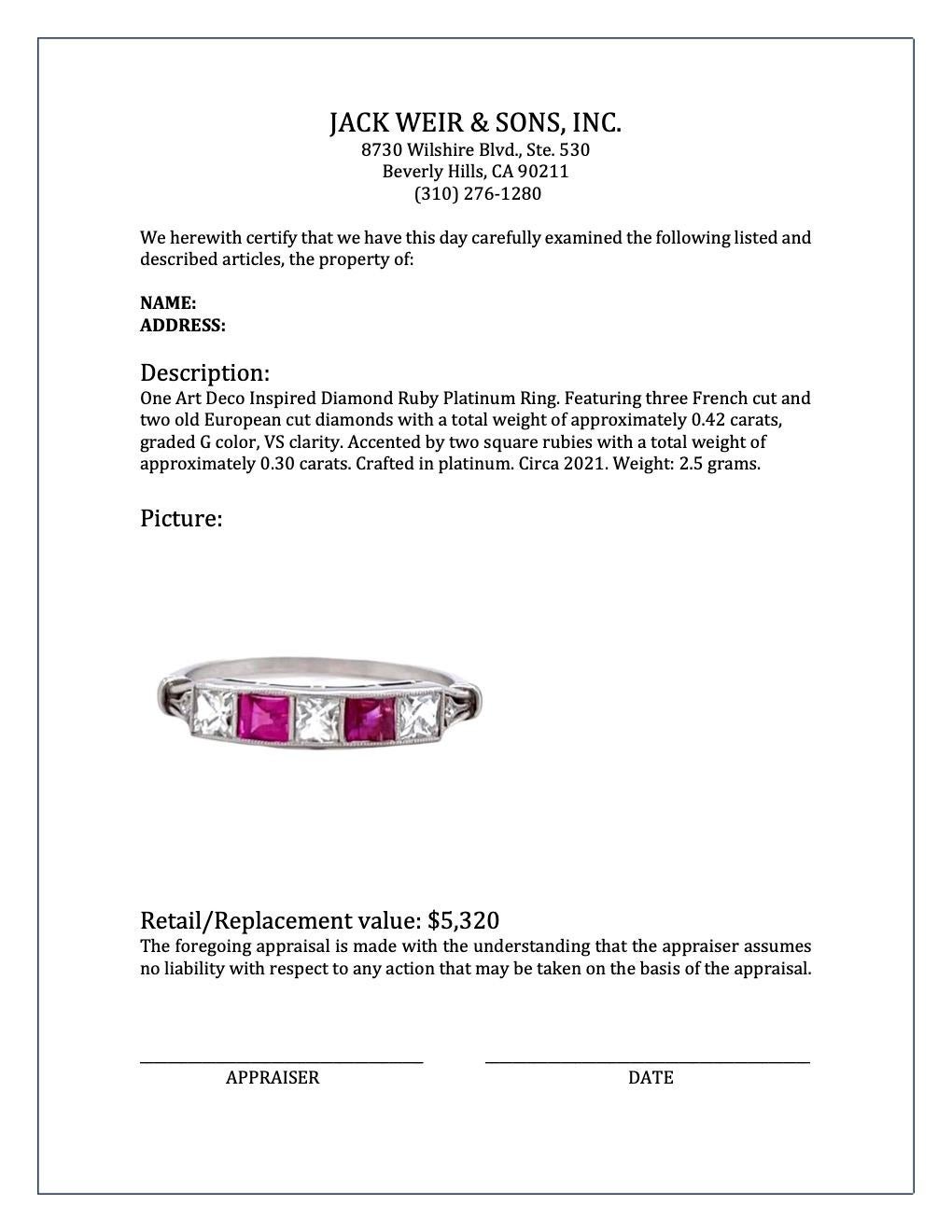 Art Deco Inspired Diamond Ruby Platinum Ring 2