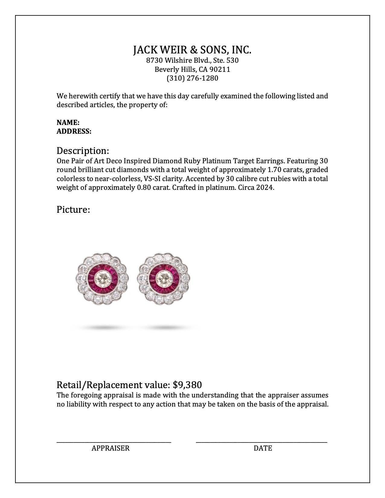 Women's or Men's Art Deco Inspired Diamond Ruby Platinum Target Earrings For Sale
