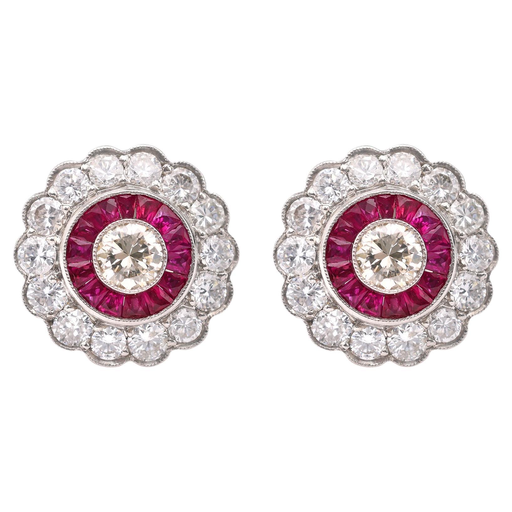 Art Deco Inspired Diamond Ruby Platinum Target Earrings For Sale