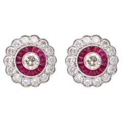 Art Deco Inspired Diamond Ruby Platinum Target Earrings