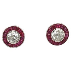 Art Deco Inspired Diamond Ruby Platinum Target Stud Earrings