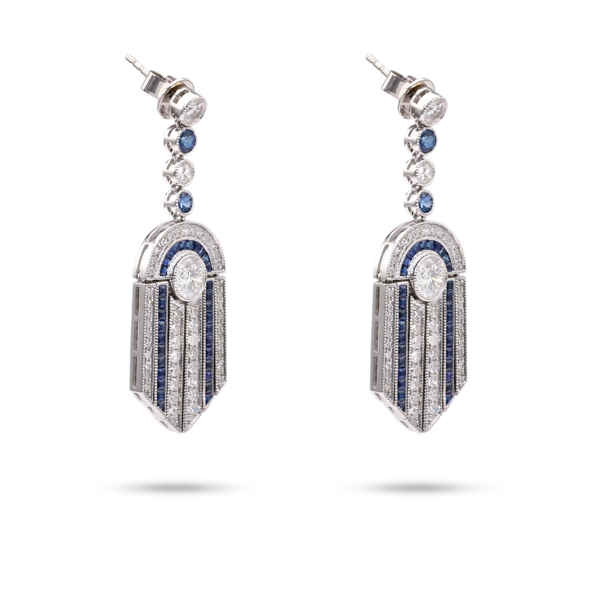 Art Deco Inspired Diamond Sapphire 14k White Gold Dangle Earrings In Excellent Condition For Sale In Beverly Hills, CA