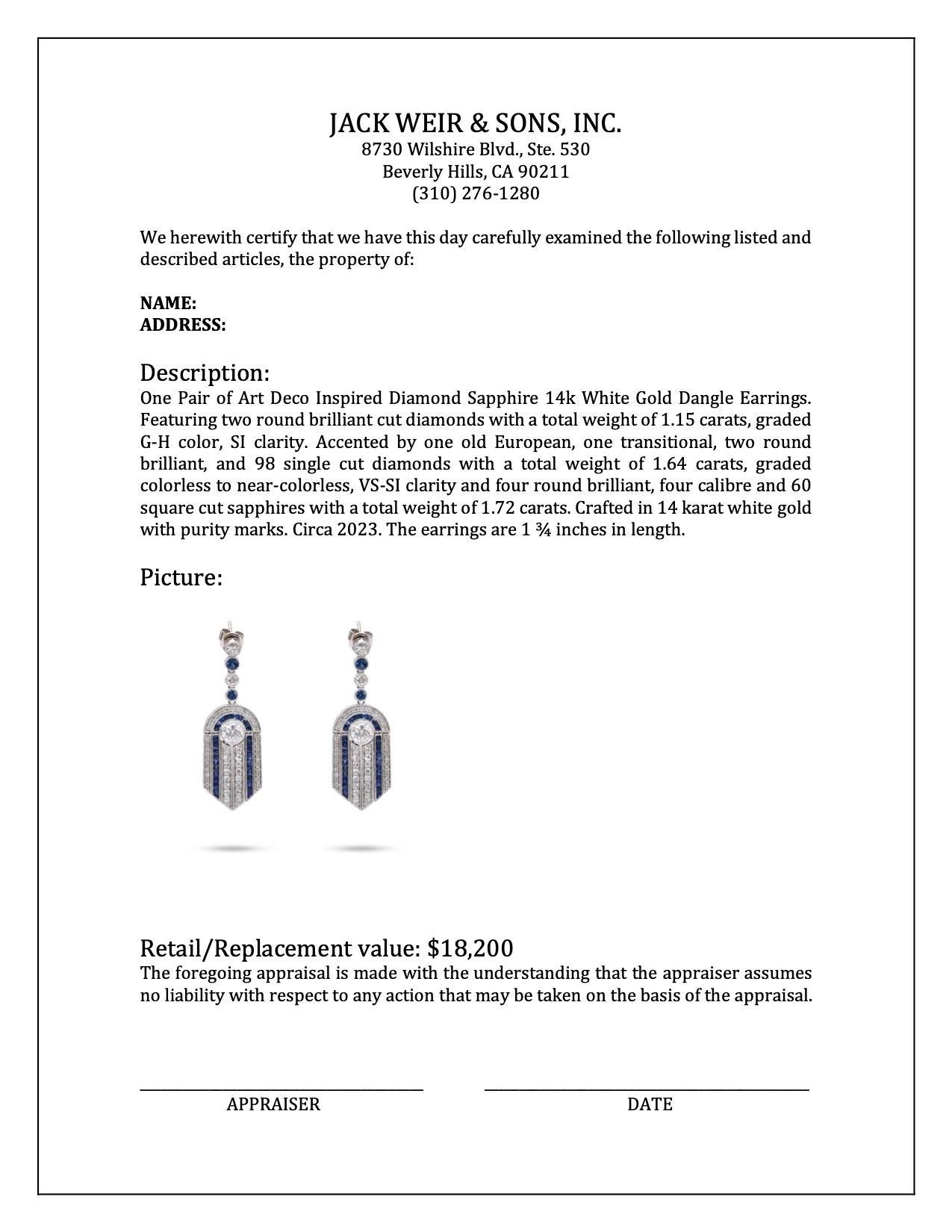 Women's or Men's Art Deco Inspired Diamond Sapphire 14k White Gold Dangle Earrings For Sale
