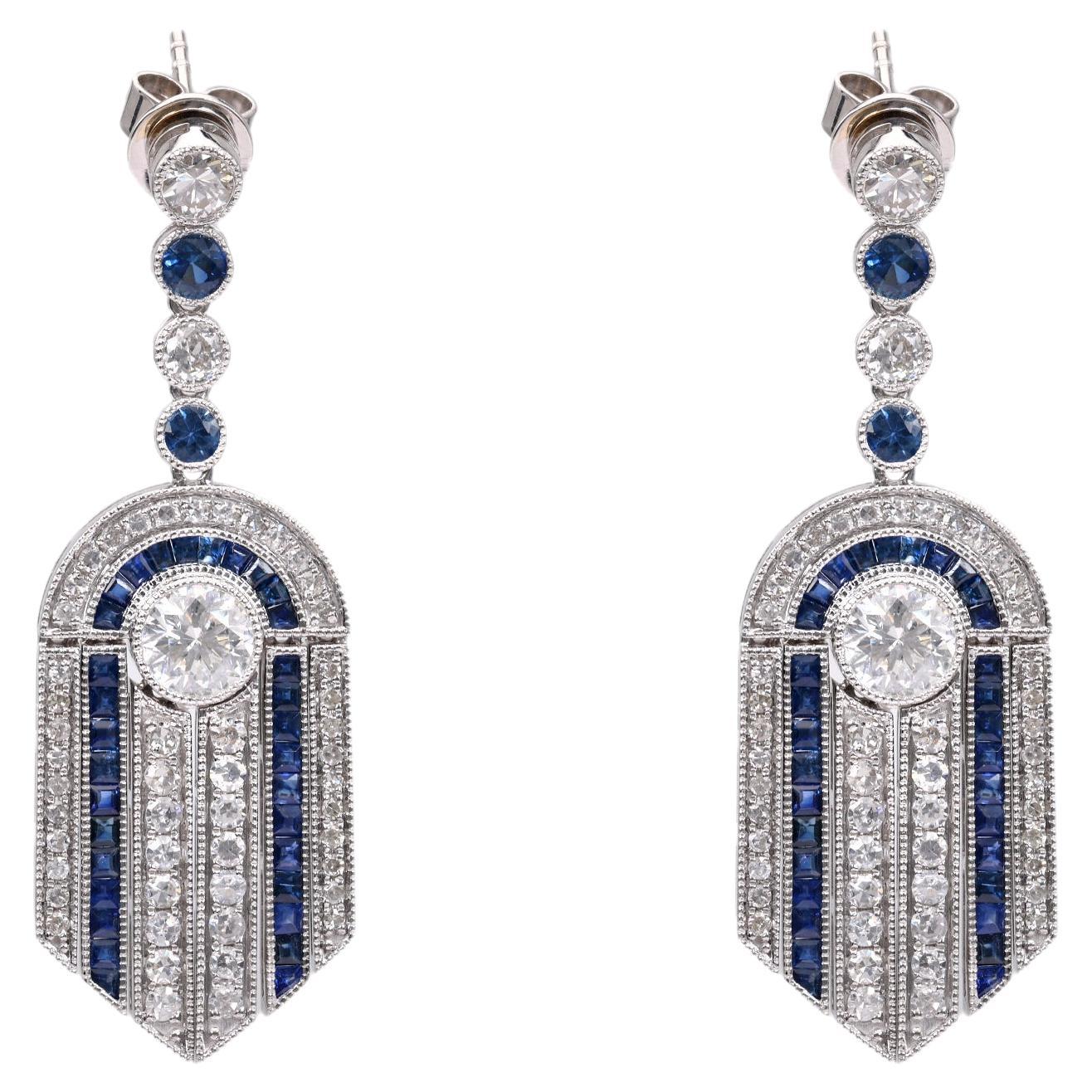 Art Deco Inspired Diamond Sapphire 14k White Gold Dangle Earrings For Sale