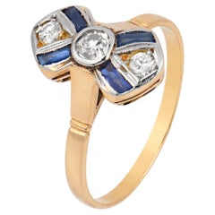 Art Deco inspired diamond sapphire 18k yellow gold ring