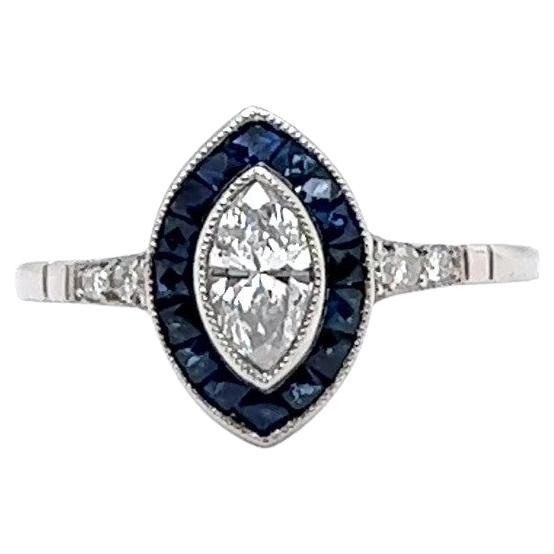 Women's or Men's Art Deco Inspired Diamond Sapphire Engagement Ring