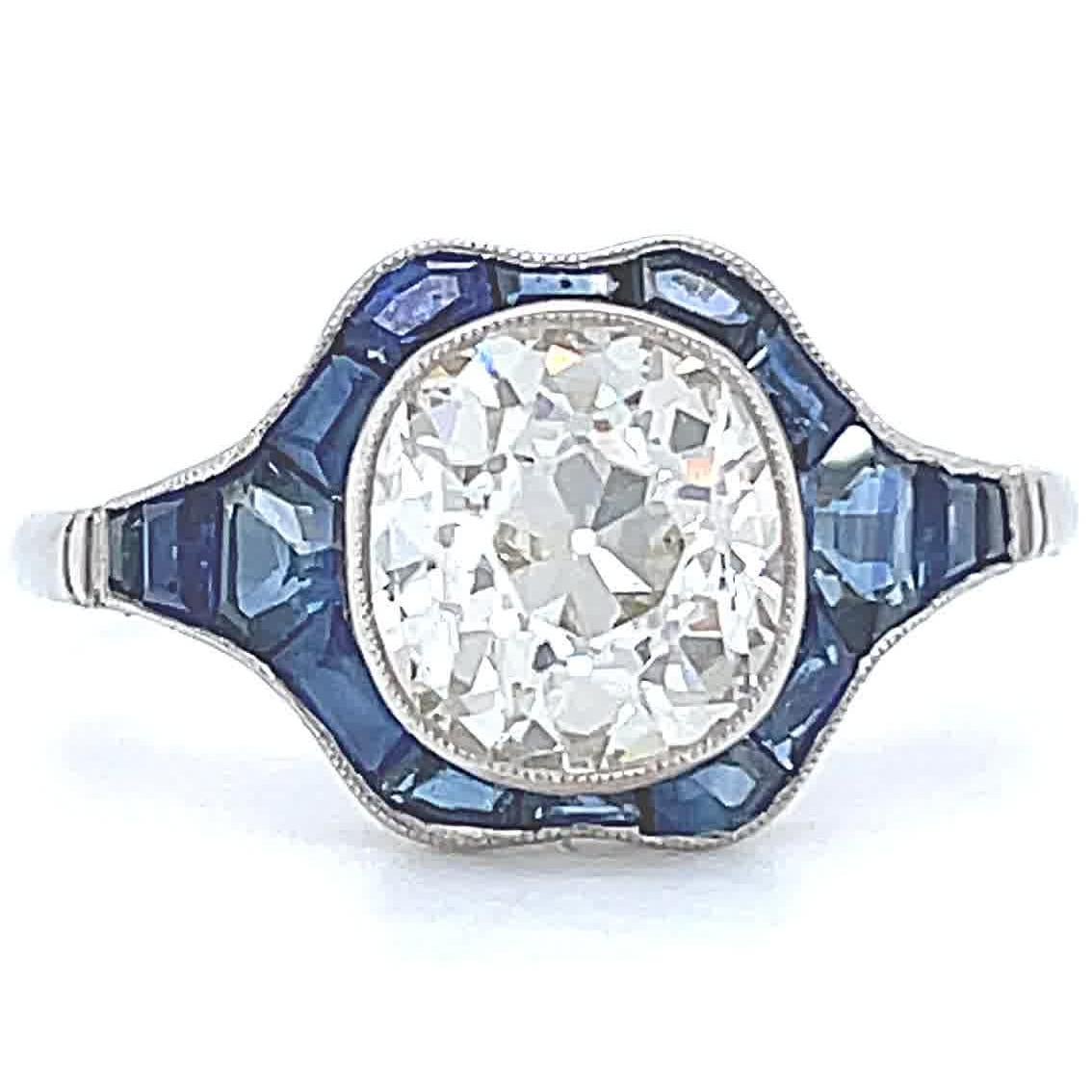 Old Mine Cut Art Deco Inspired Diamond Sapphire Engagement Ring