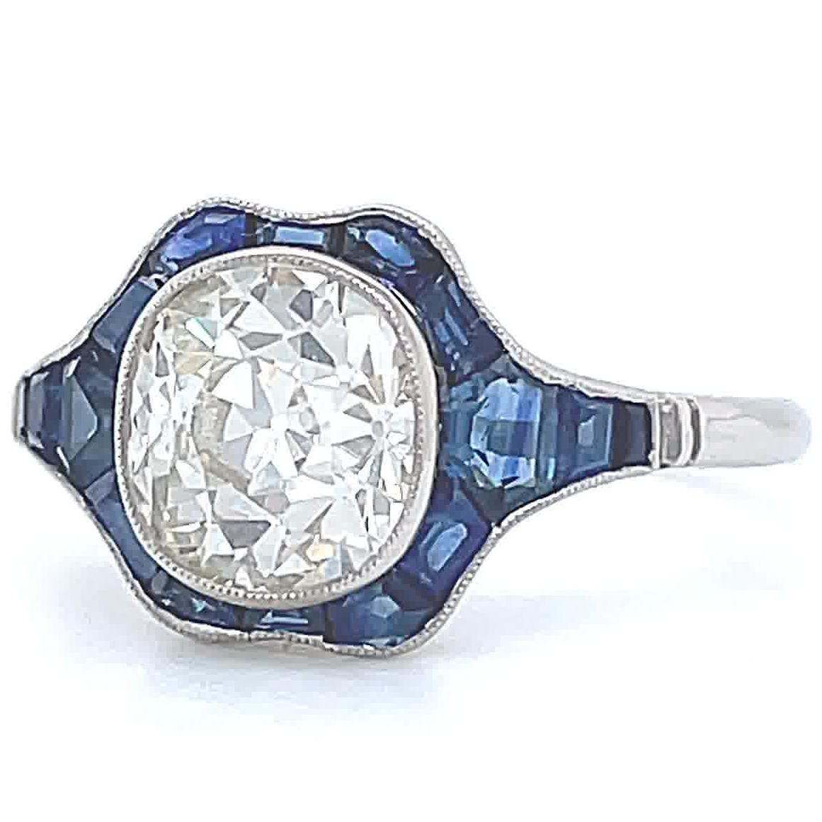 Art Deco Inspired Diamond Sapphire Engagement Ring In New Condition In Beverly Hills, CA