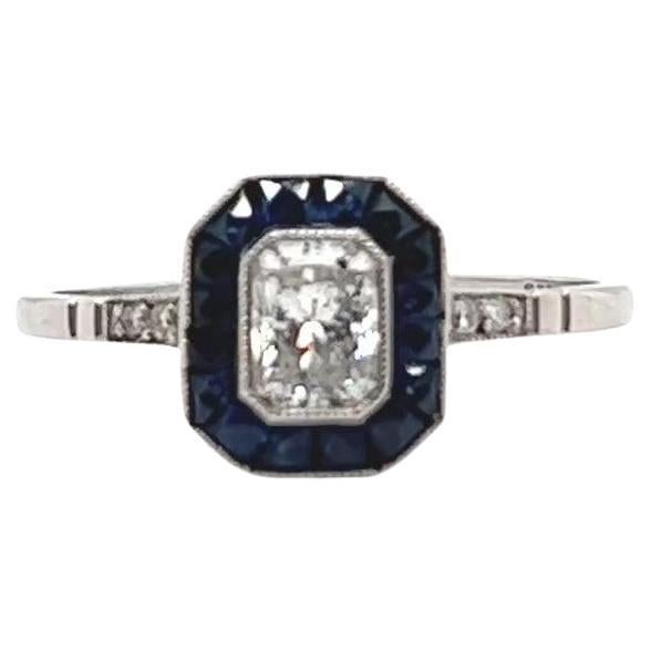 Women's or Men's Art Deco Inspired Diamond Sapphire Halo Engagement Ring For Sale