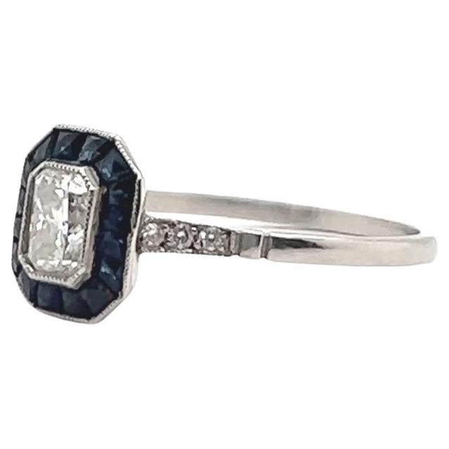 Art Deco Inspired Diamond Sapphire Halo Engagement Ring For Sale
