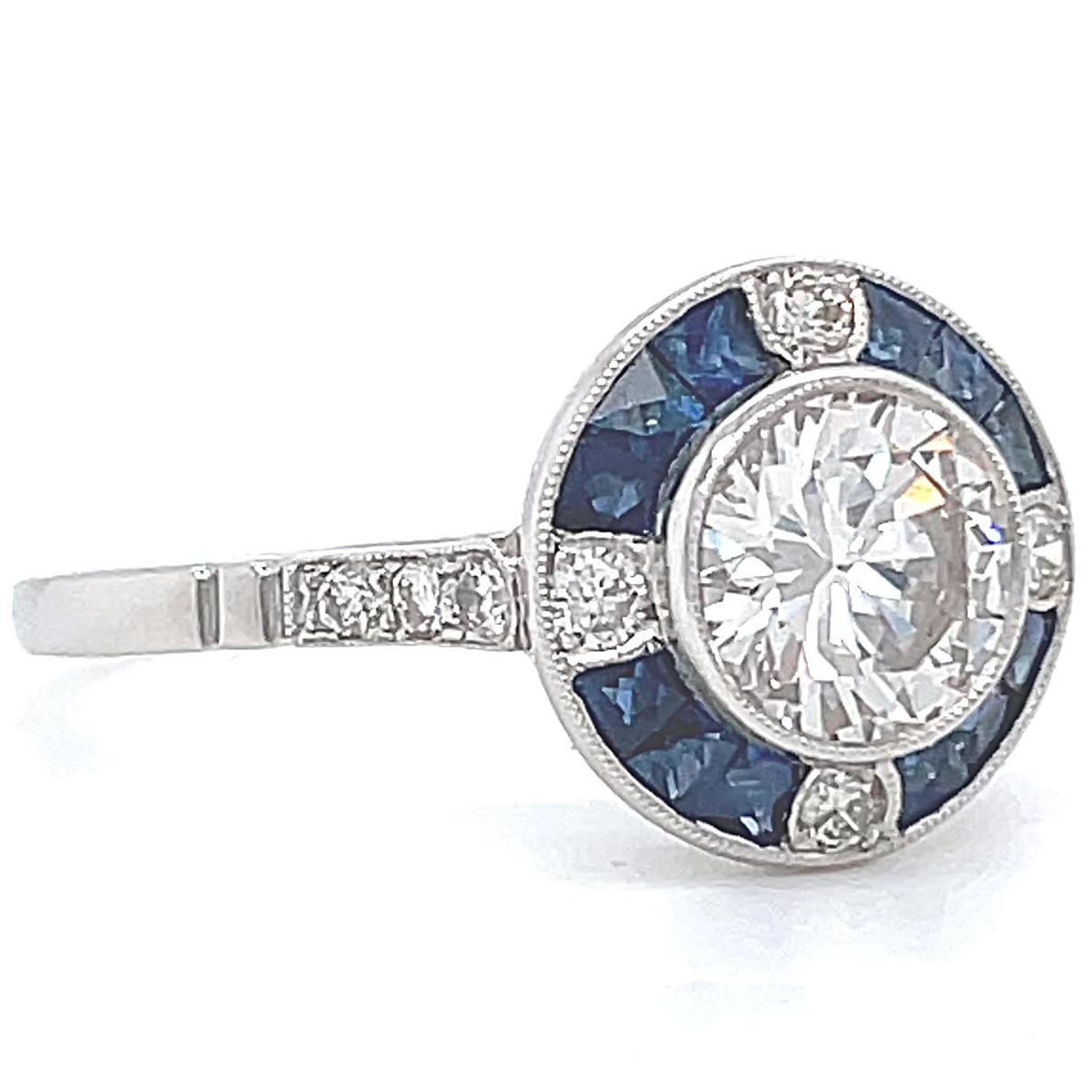 Round Cut Art Deco Inspired Diamond Sapphire Halo Platinum Engagement Ring