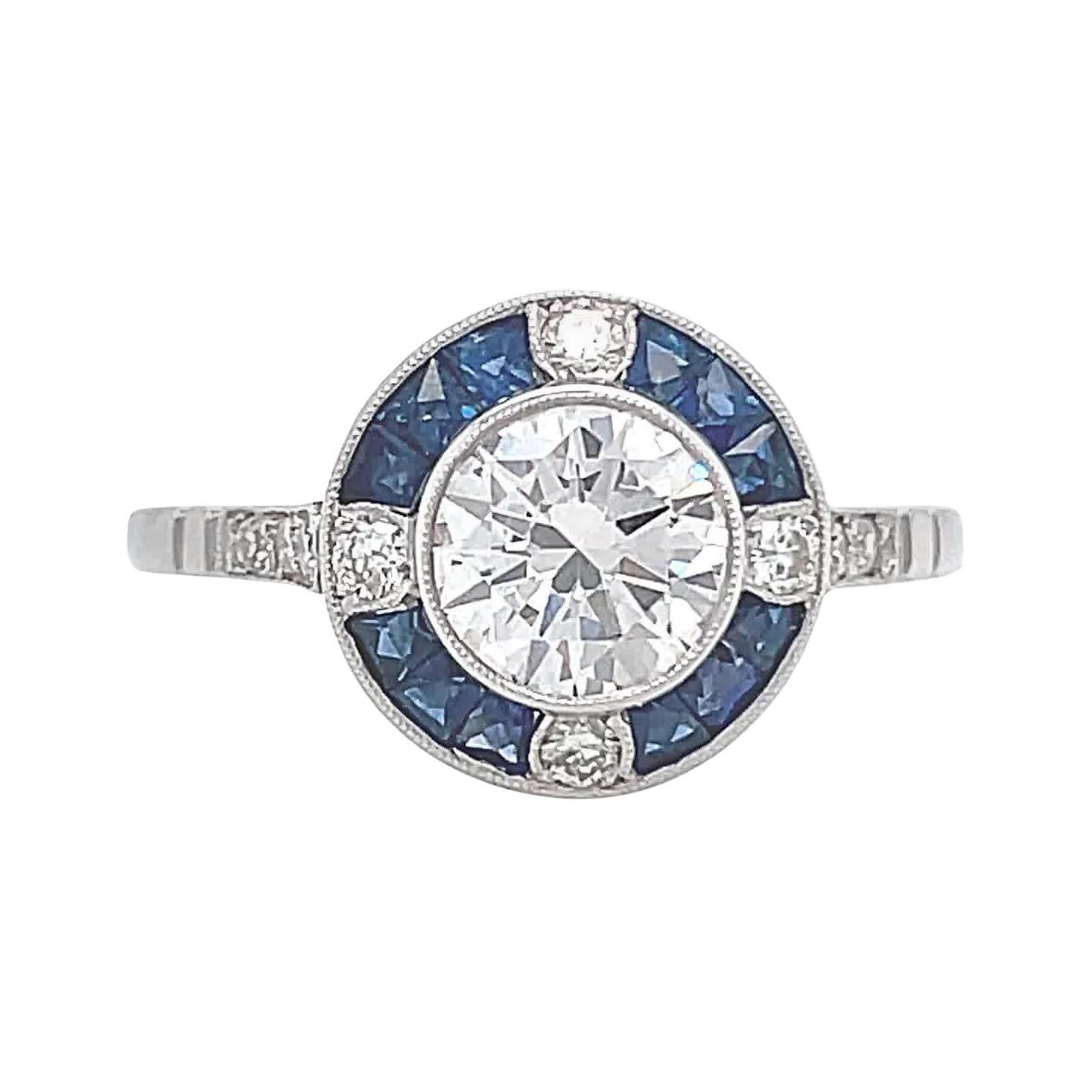 Art Deco Inspired Diamond Sapphire Halo Platinum Engagement Ring
