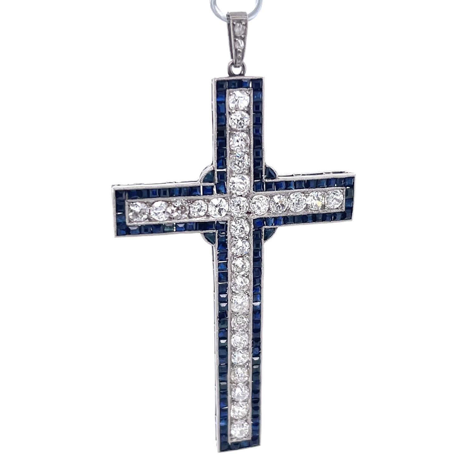 Round Cut Art Deco Inspired Diamond Sapphire Platinum Cross Pendant