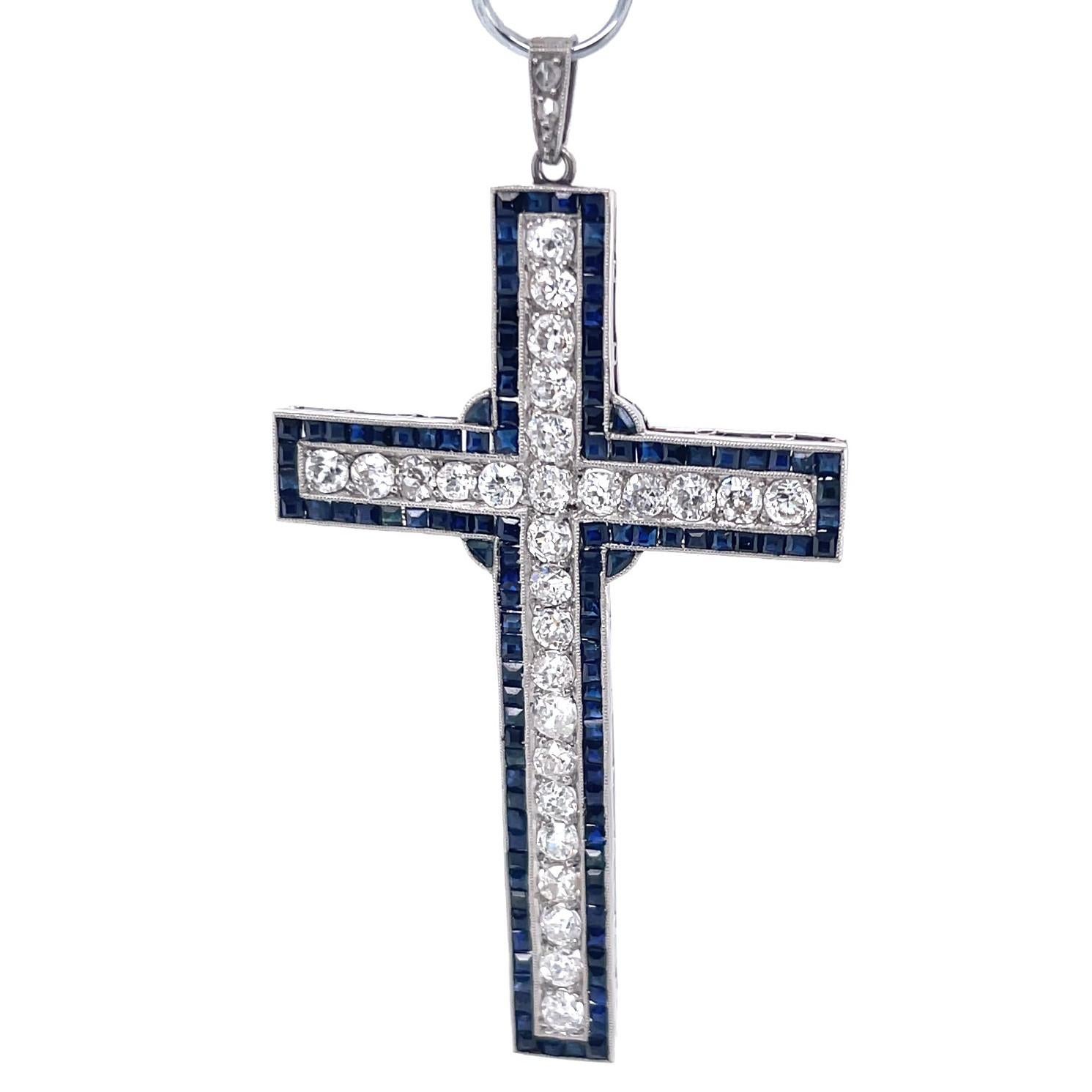 Art Deco Inspired Diamond Sapphire Platinum Cross Pendant In New Condition In Beverly Hills, CA