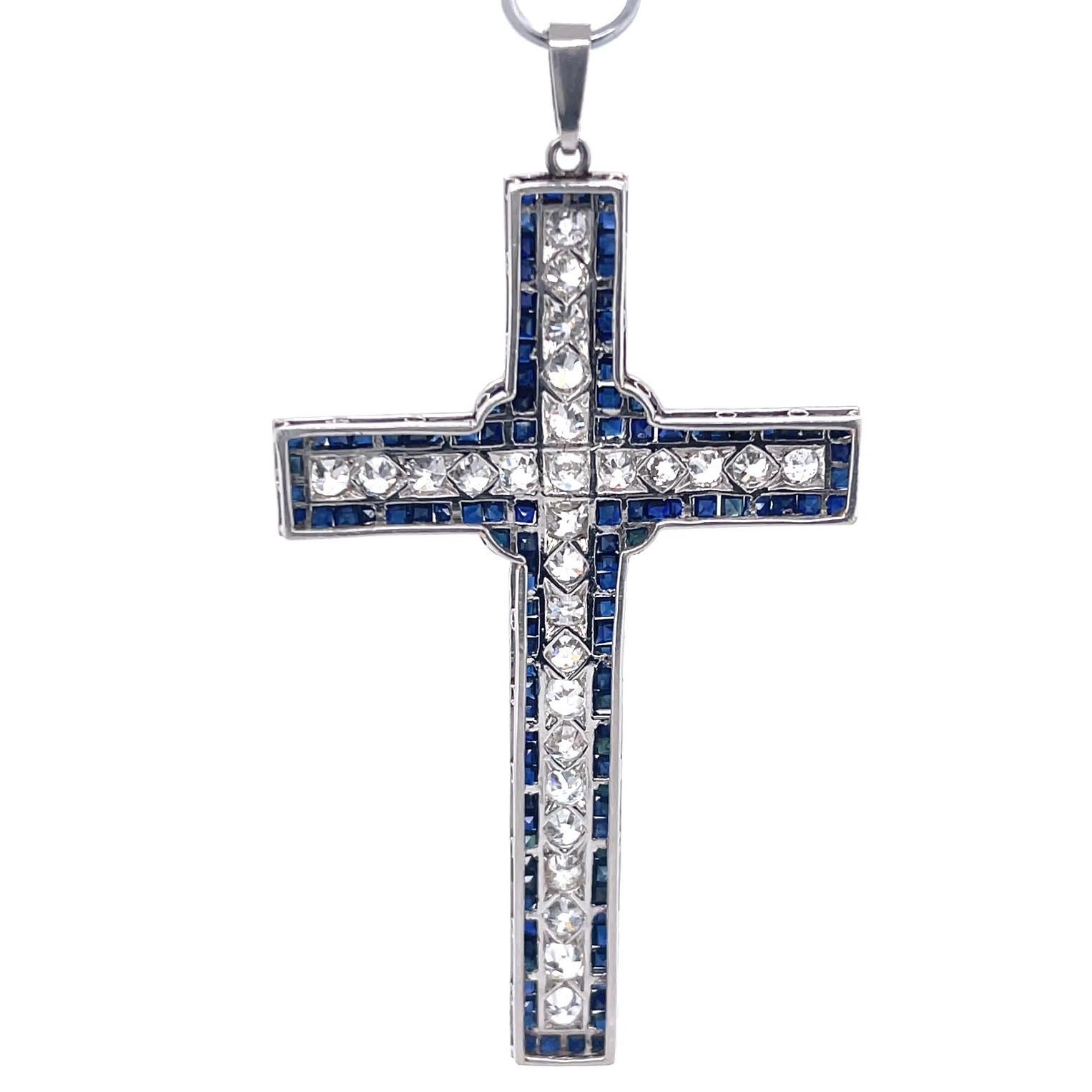 Women's or Men's Art Deco Inspired Diamond Sapphire Platinum Cross Pendant