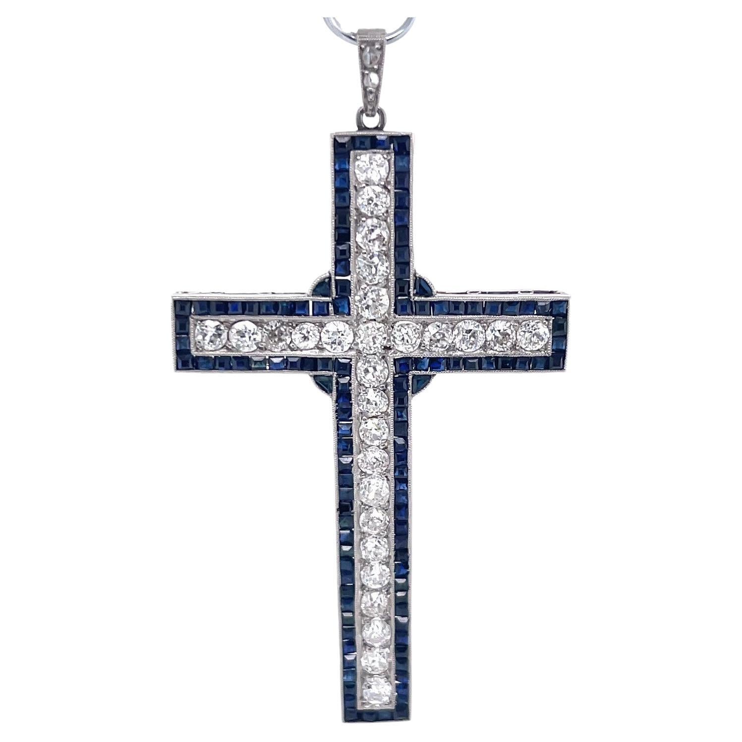 Art Deco Inspired Diamond Sapphire Platinum Cross Pendant