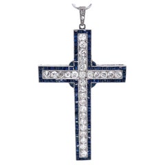 Art Deco Inspired Diamond Sapphire Platinum Cross Pendant