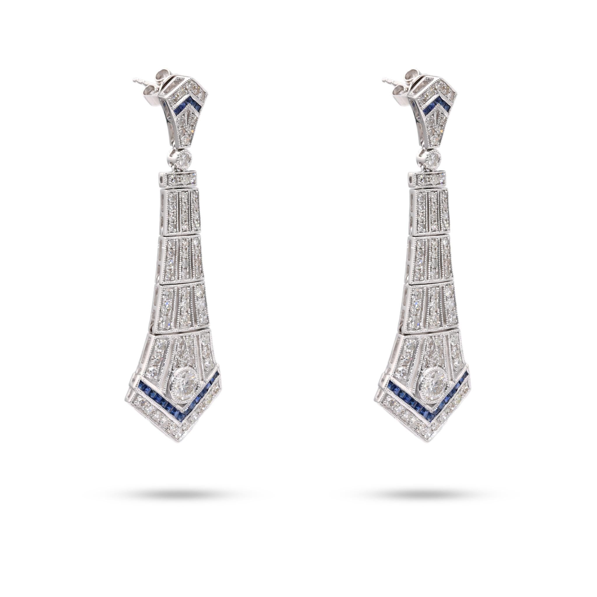 Art Deco Inspired Diamond Sapphire Platinum Dangle Earrings In Excellent Condition For Sale In Beverly Hills, CA