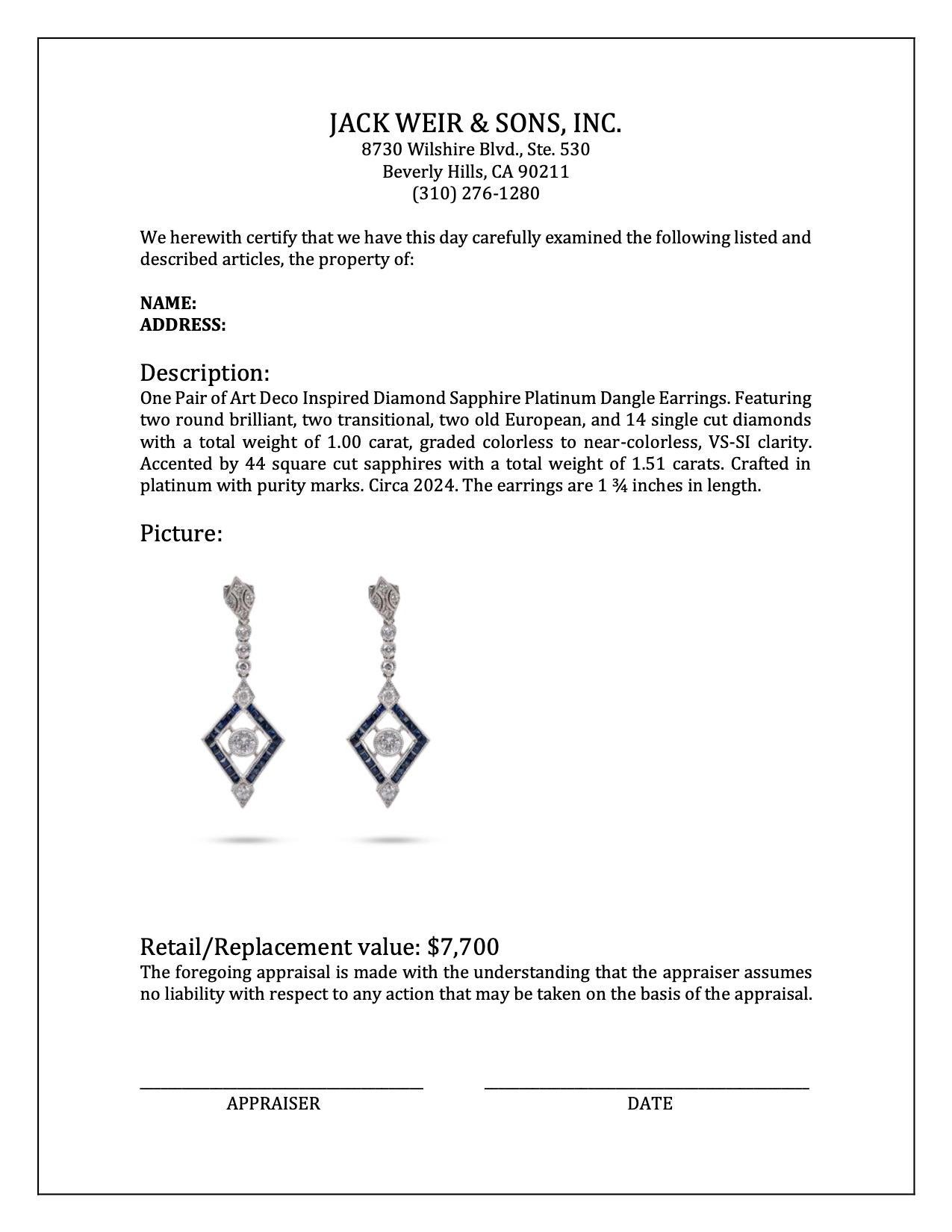 Women's or Men's Art Deco Inspired Diamond Sapphire Platinum Dangle Earrings For Sale