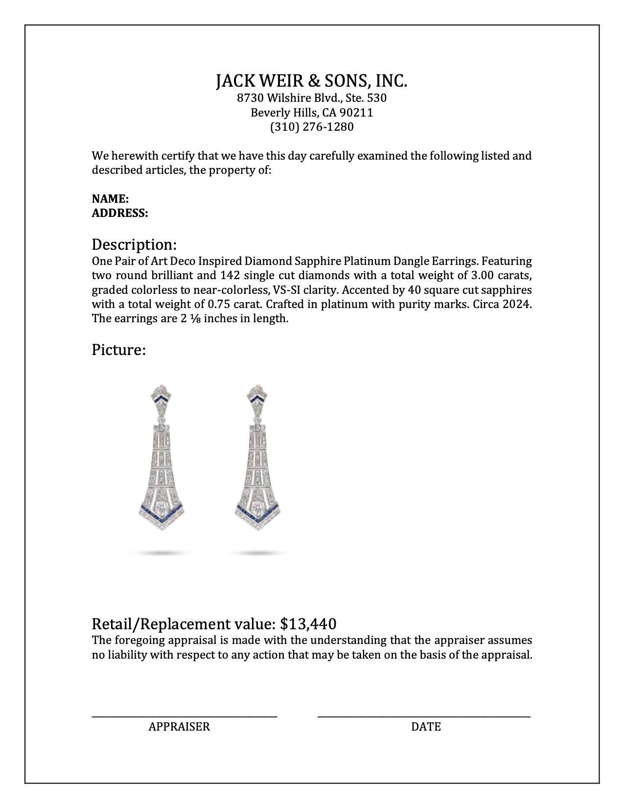 Women's or Men's Art Deco Inspired Diamond Sapphire Platinum Dangle Earrings For Sale