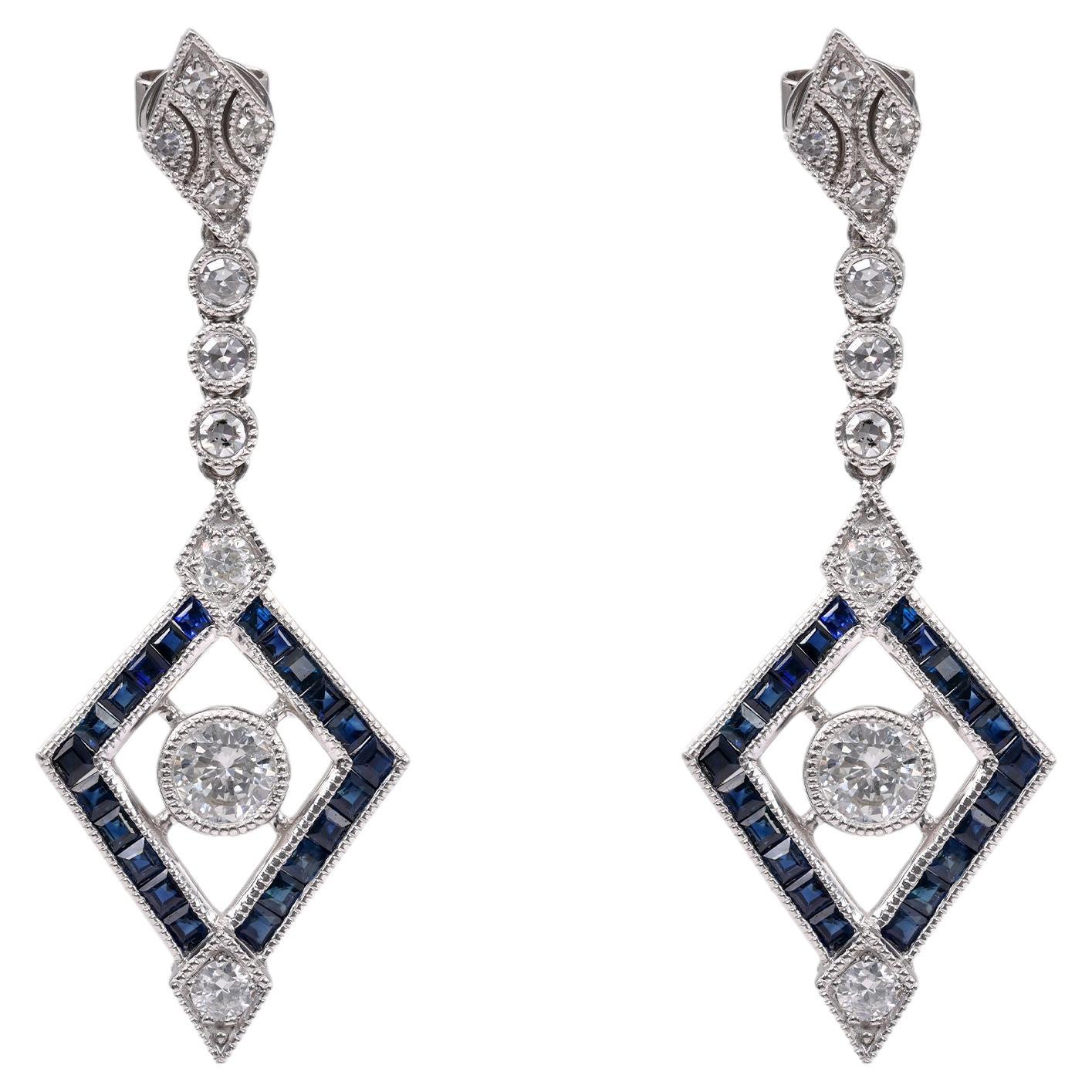 Art Deco Inspired Diamond Sapphire Platinum Dangle Earrings For Sale