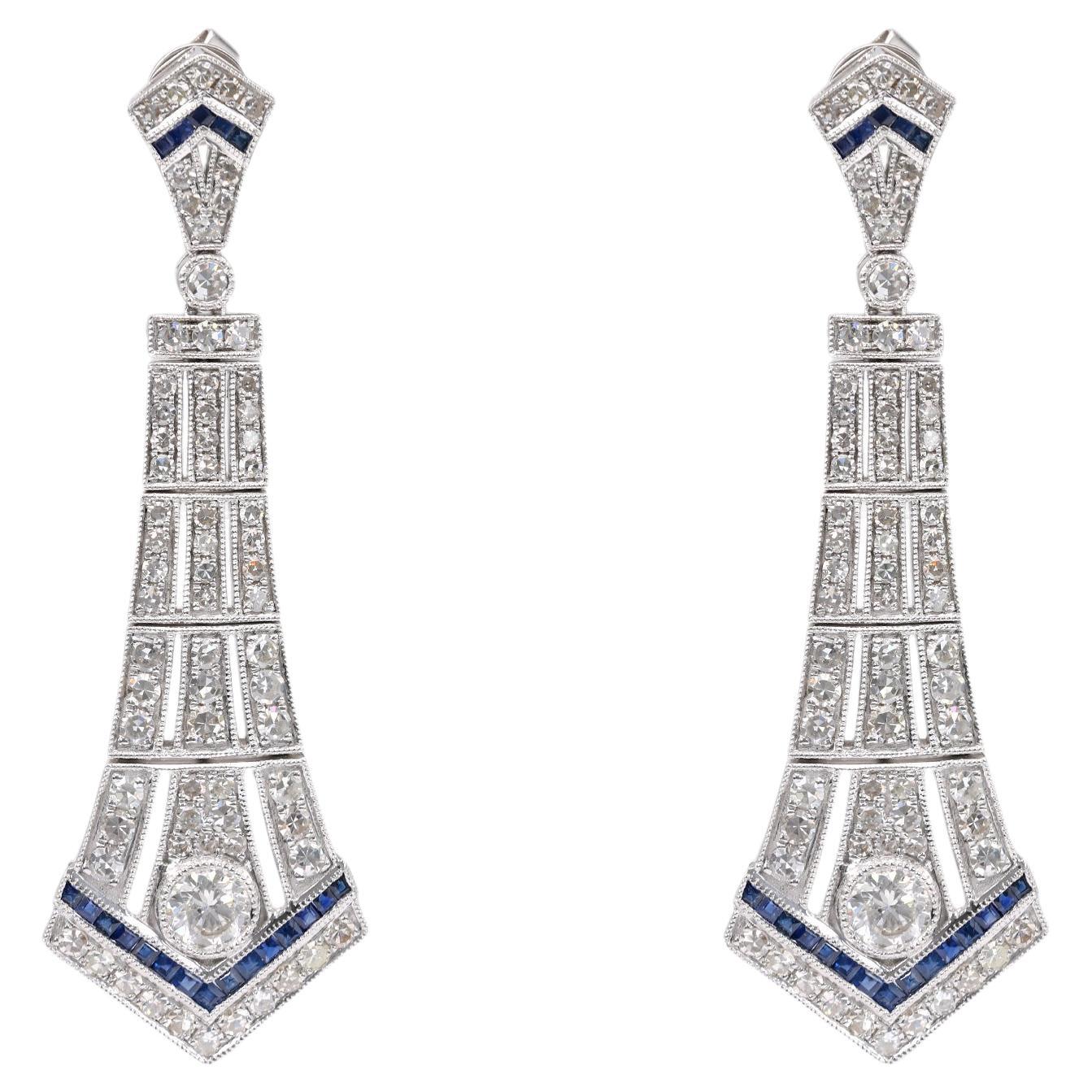 Art Deco Inspired Diamond Sapphire Platinum Dangle Earrings