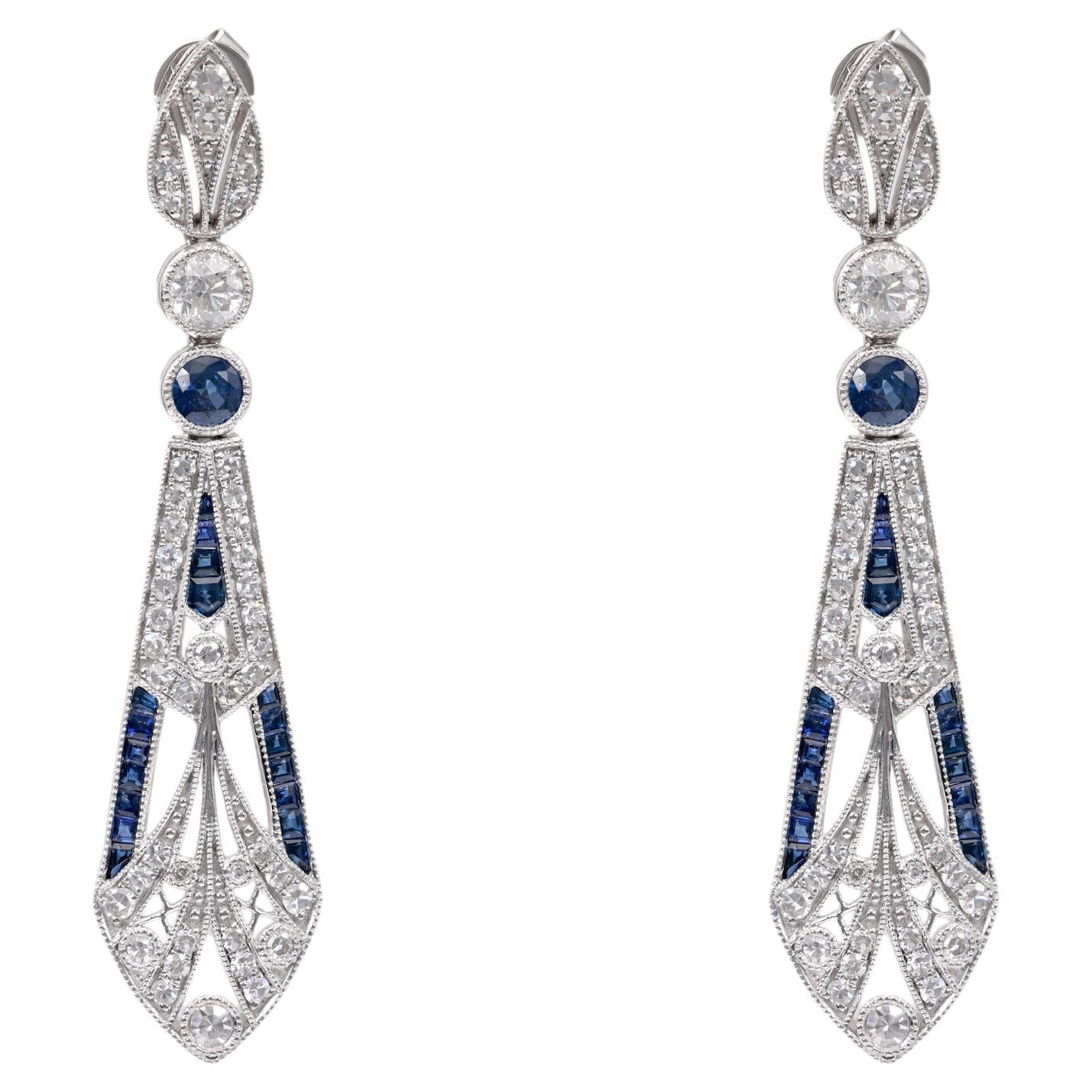 Art Deco Inspired Diamond Sapphire Platinum Dangle Earrings For Sale