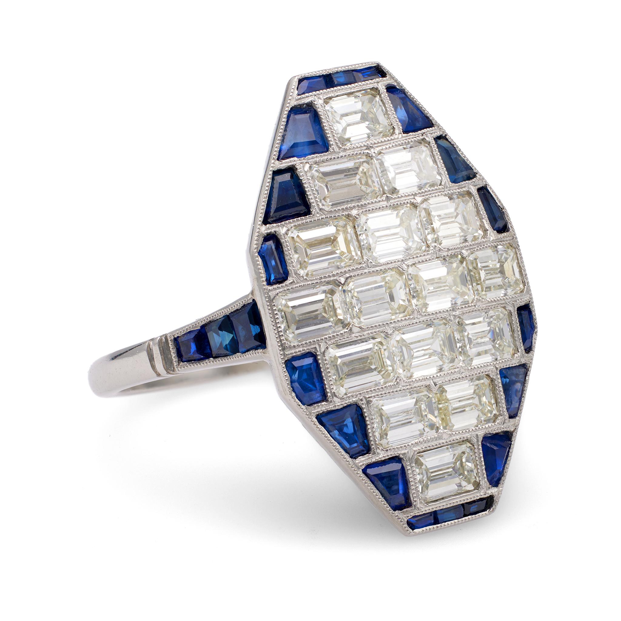 Art Deco Inspired Diamond Sapphire Platinum Dinner Ring In Excellent Condition For Sale In Beverly Hills, CA