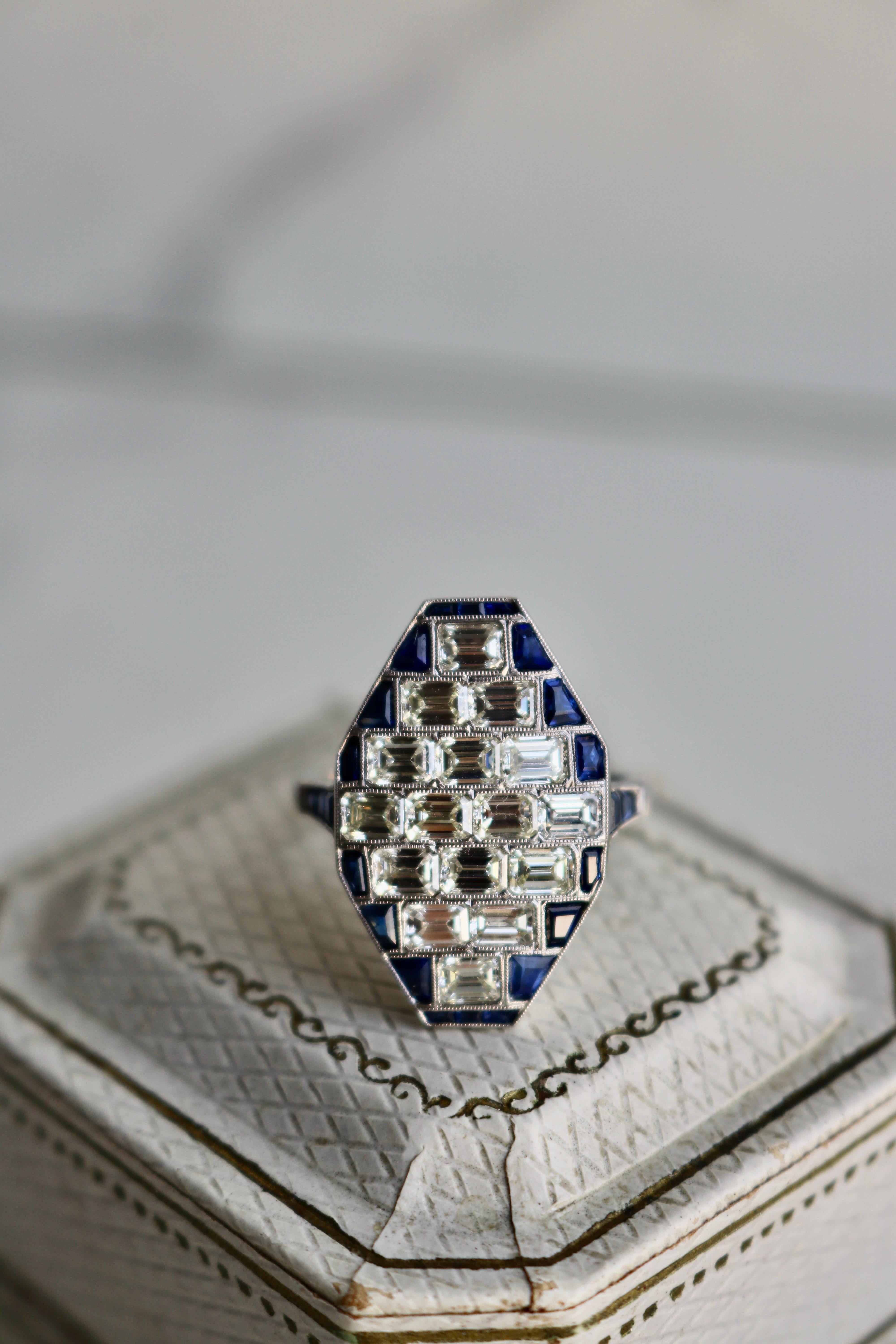 Women's or Men's Art Deco Inspired Diamond Sapphire Platinum Dinner Ring For Sale