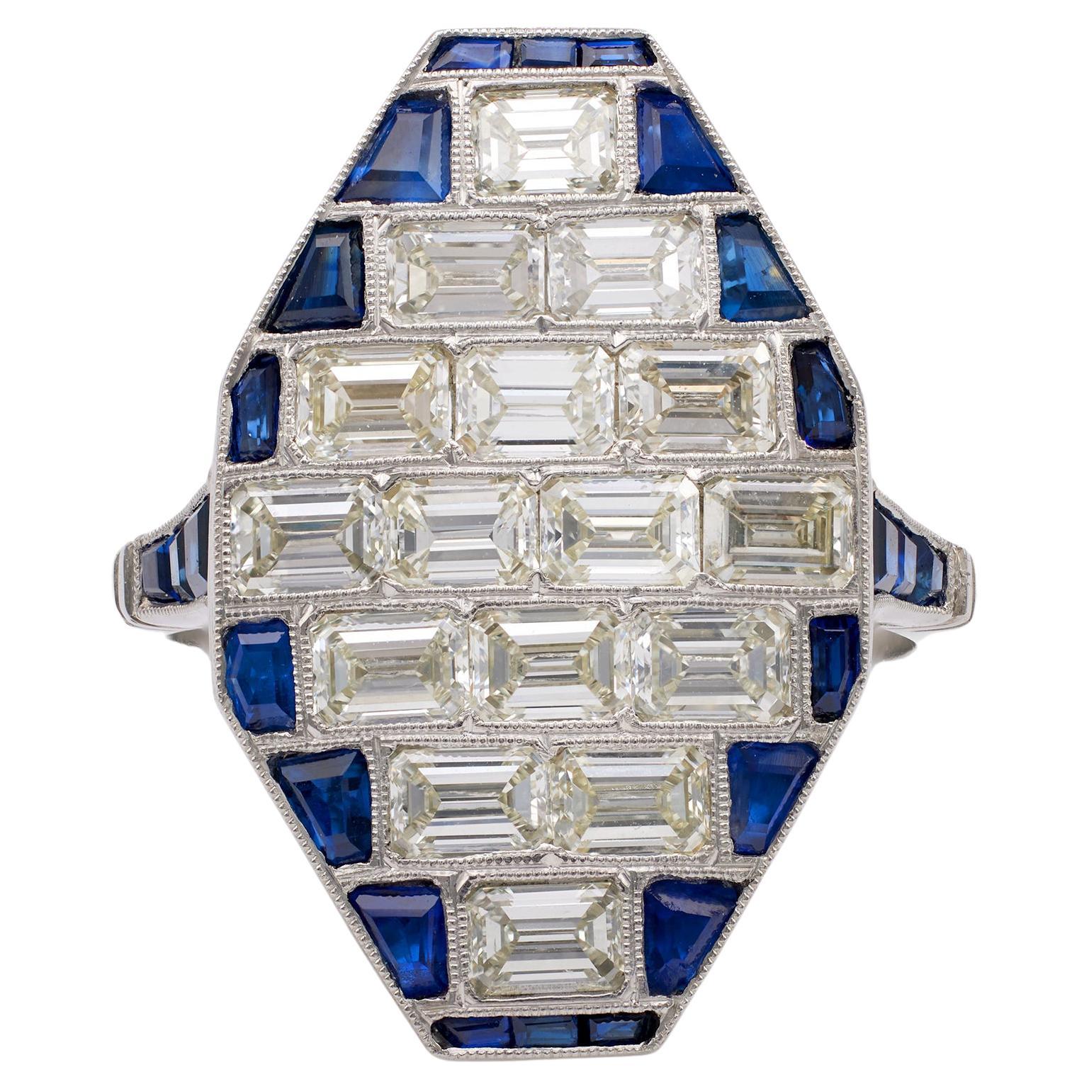 Art Deco Inspired Diamond Sapphire Platinum Dinner Ring For Sale