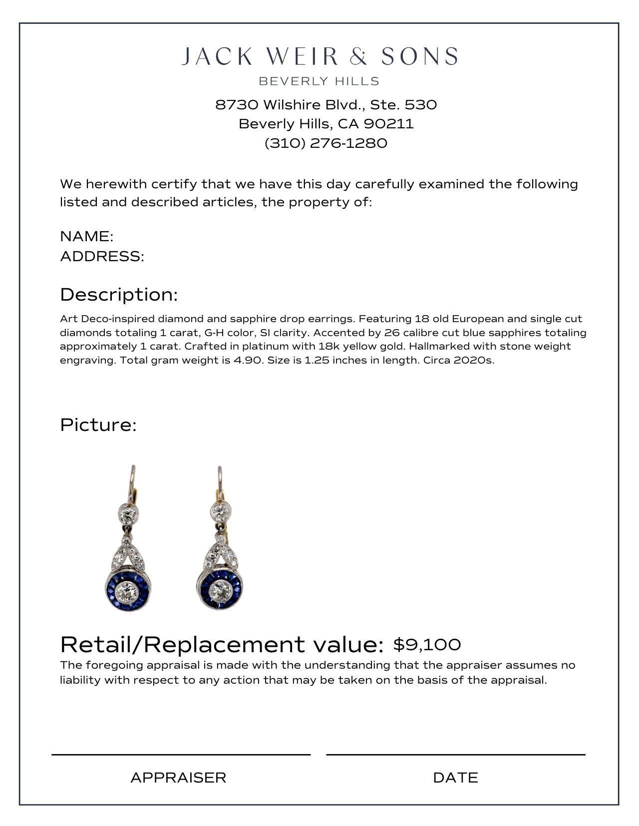 Orecchini a goccia in platino con diamanti e zaffiri di ispirazione Art Déco In condizioni ottime in vendita a Beverly Hills, CA