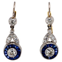 Art Deco inspired diamond sapphire platinum drop earrings