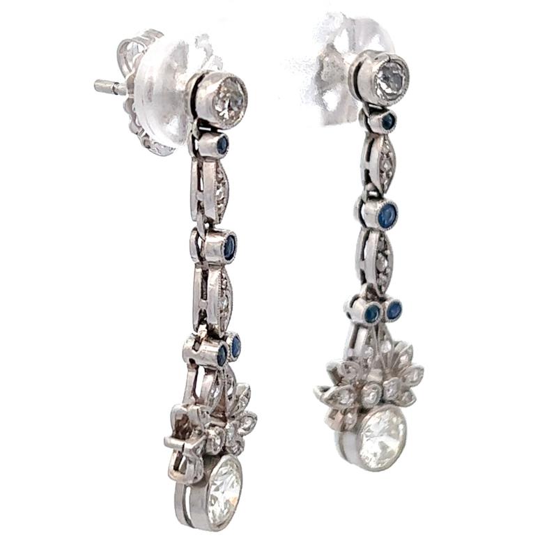 Women's or Men's Art Deco Inspired Diamond Sapphire Platinum Earrings For Sale