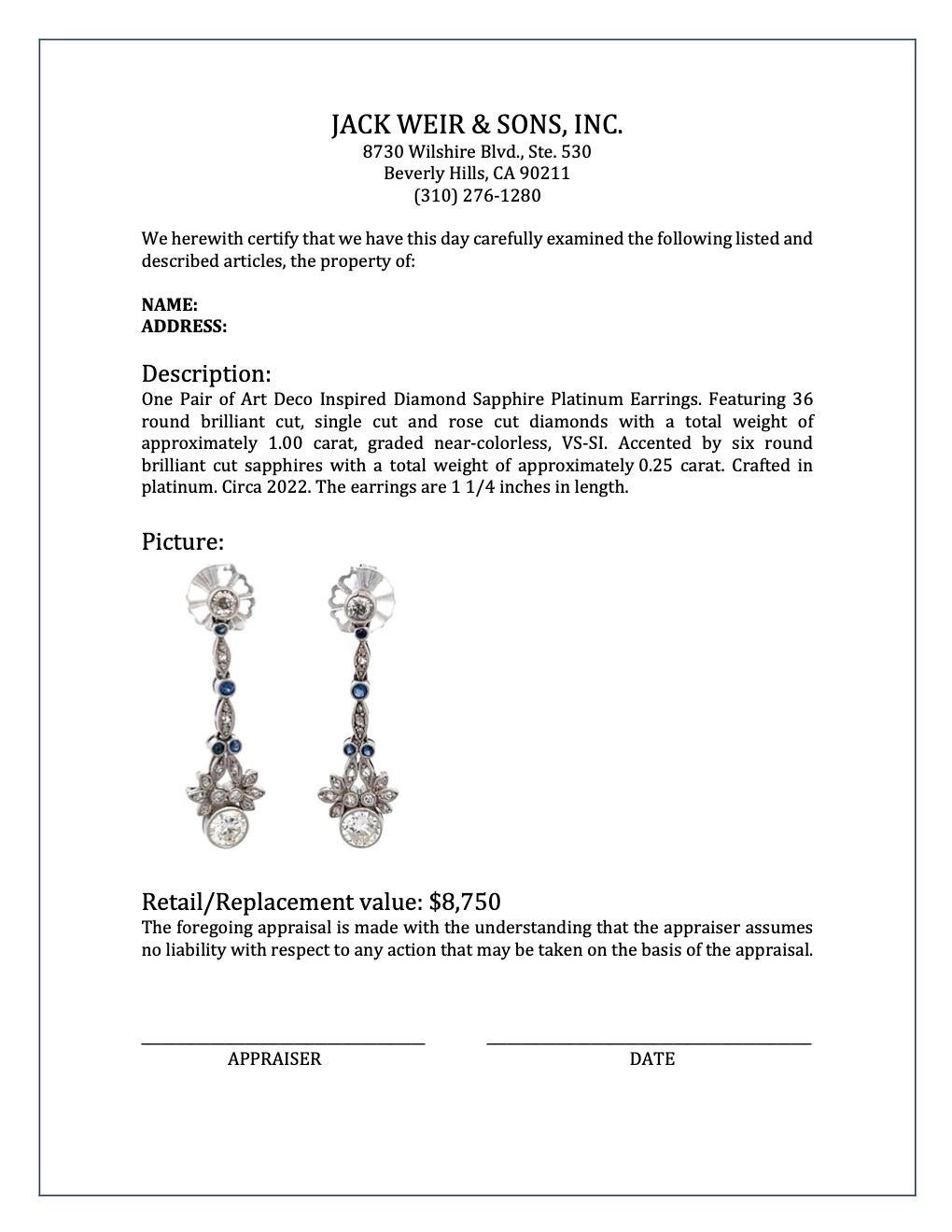 Art Deco Inspired Diamond Sapphire Platinum Earrings For Sale 2