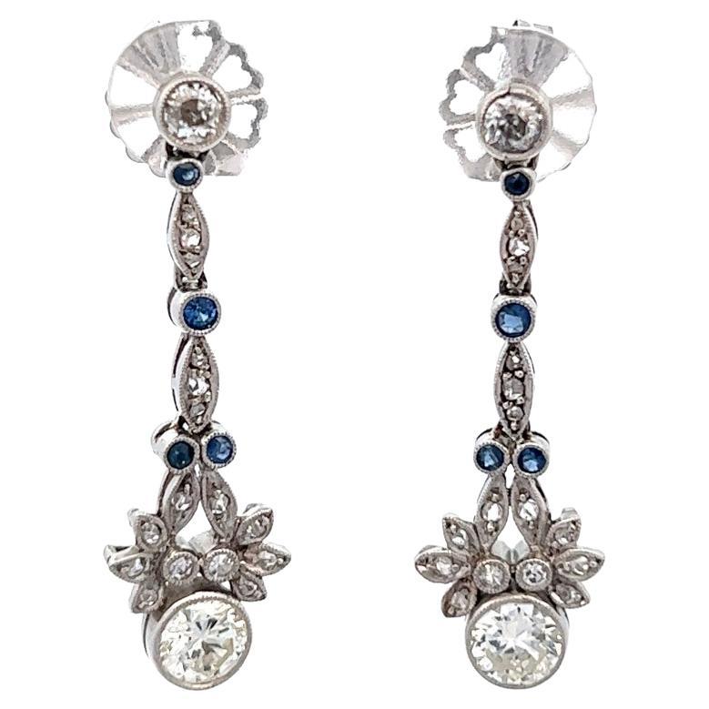Art Deco Inspired Diamond Sapphire Platinum Earrings For Sale
