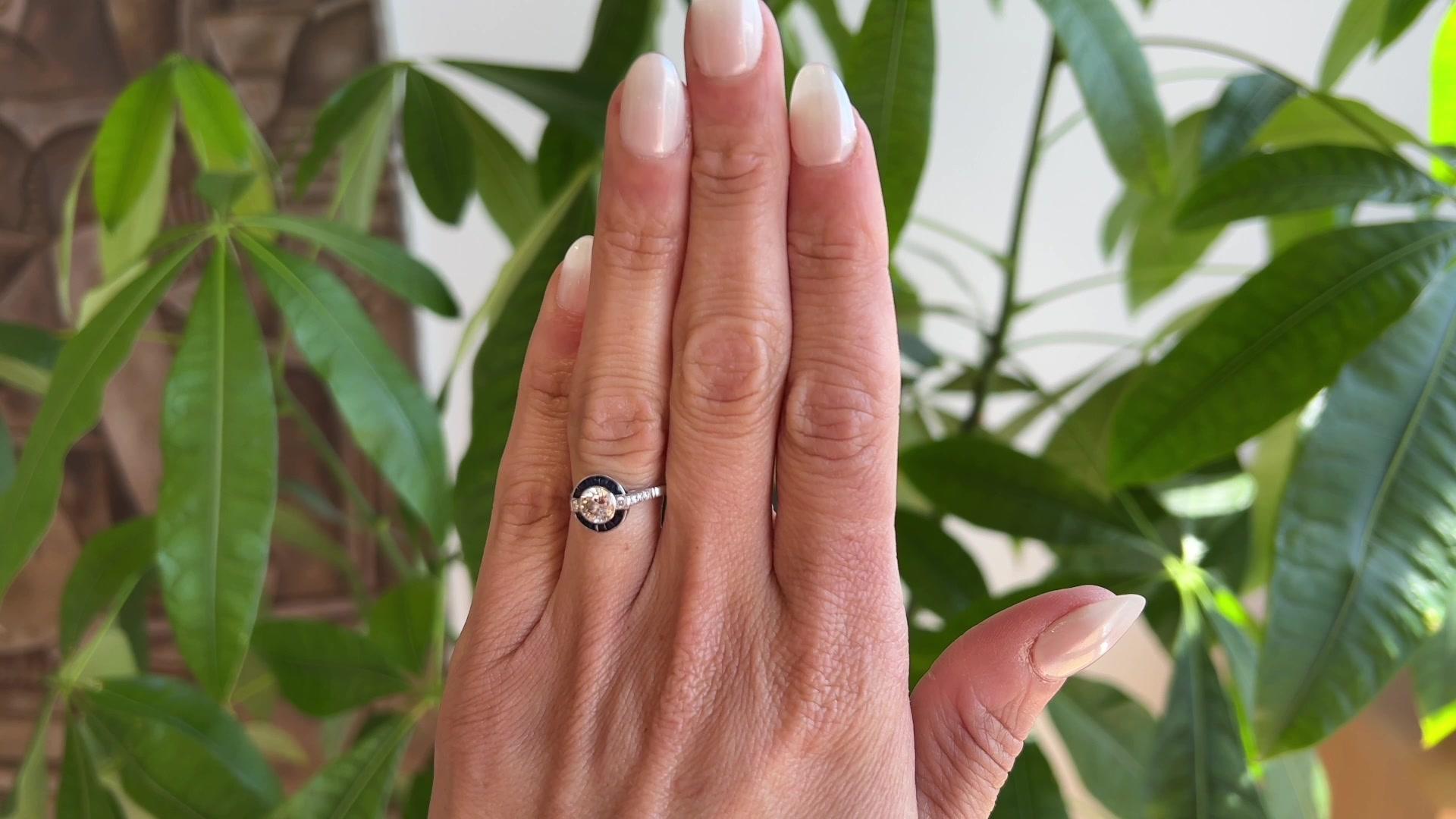 Round Cut Art Deco Inspired Diamond Sapphire Platinum Engagement Ring For Sale