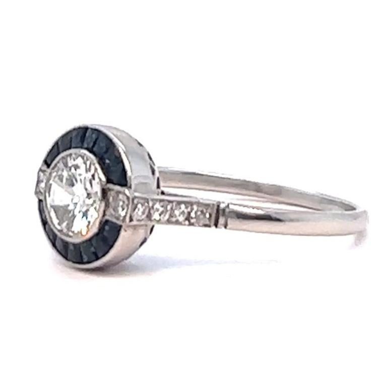 Art Deco Inspired Diamond Sapphire Platinum Engagement Ring For Sale 1