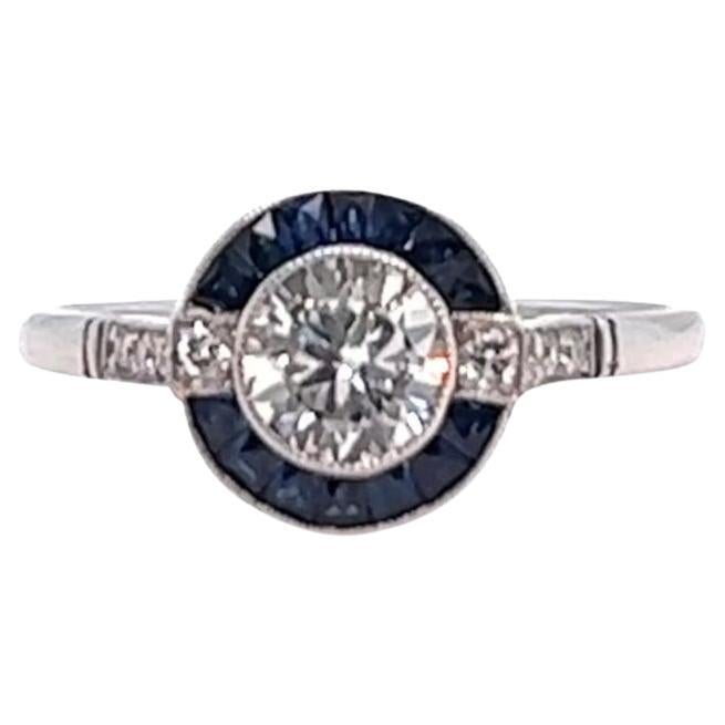 Art Deco Inspired Diamond Sapphire Platinum Engagement Ring For Sale