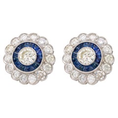 Art Deco Inspired Diamond Sapphire Platinum Halo Studs