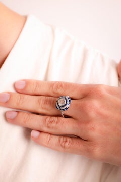 Art Deco Inspired Platinum Ring with 0.97ct Diamond & 40 Sapphires