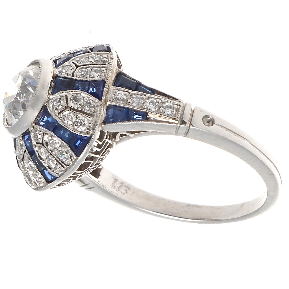 Stunning Art Deco inspired ring featuring a 1.13 carat old European cut diamond, G-H color, VS clarity. There are 48 accenting old European cut diamonds that weigh  approximately 0.48 carats and are H-I color, VS-SI clarity. Also included in this