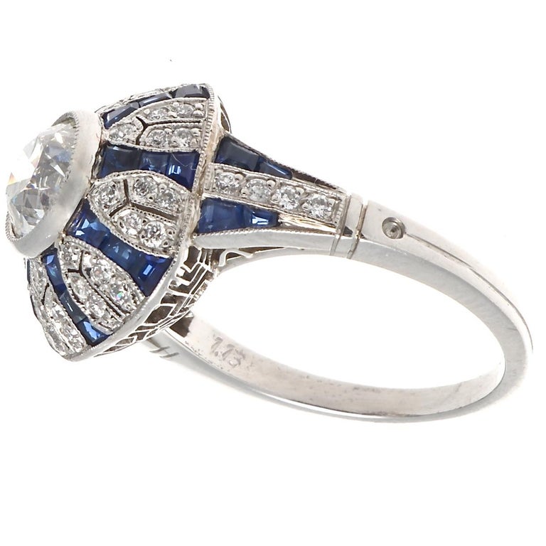 Art Deco Inspired Diamond Sapphire Platinum Ring For Sale at 1stDibs