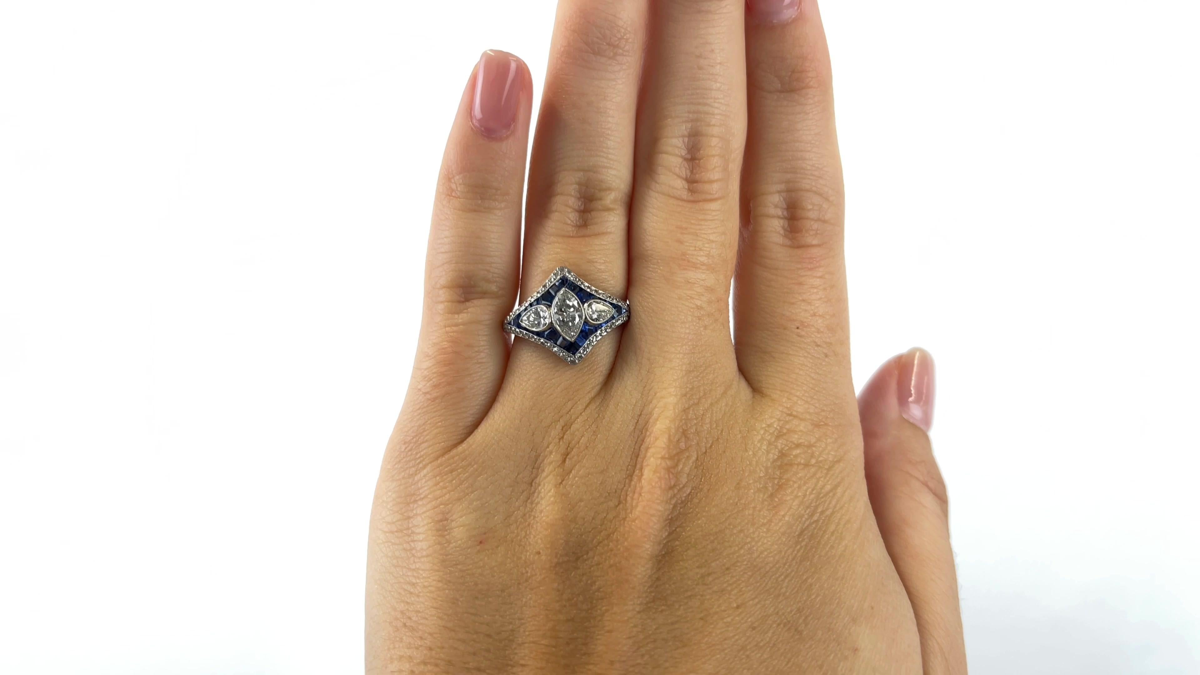 Marquise Cut Art Deco Inspired Diamond Sapphire Platinum Ring