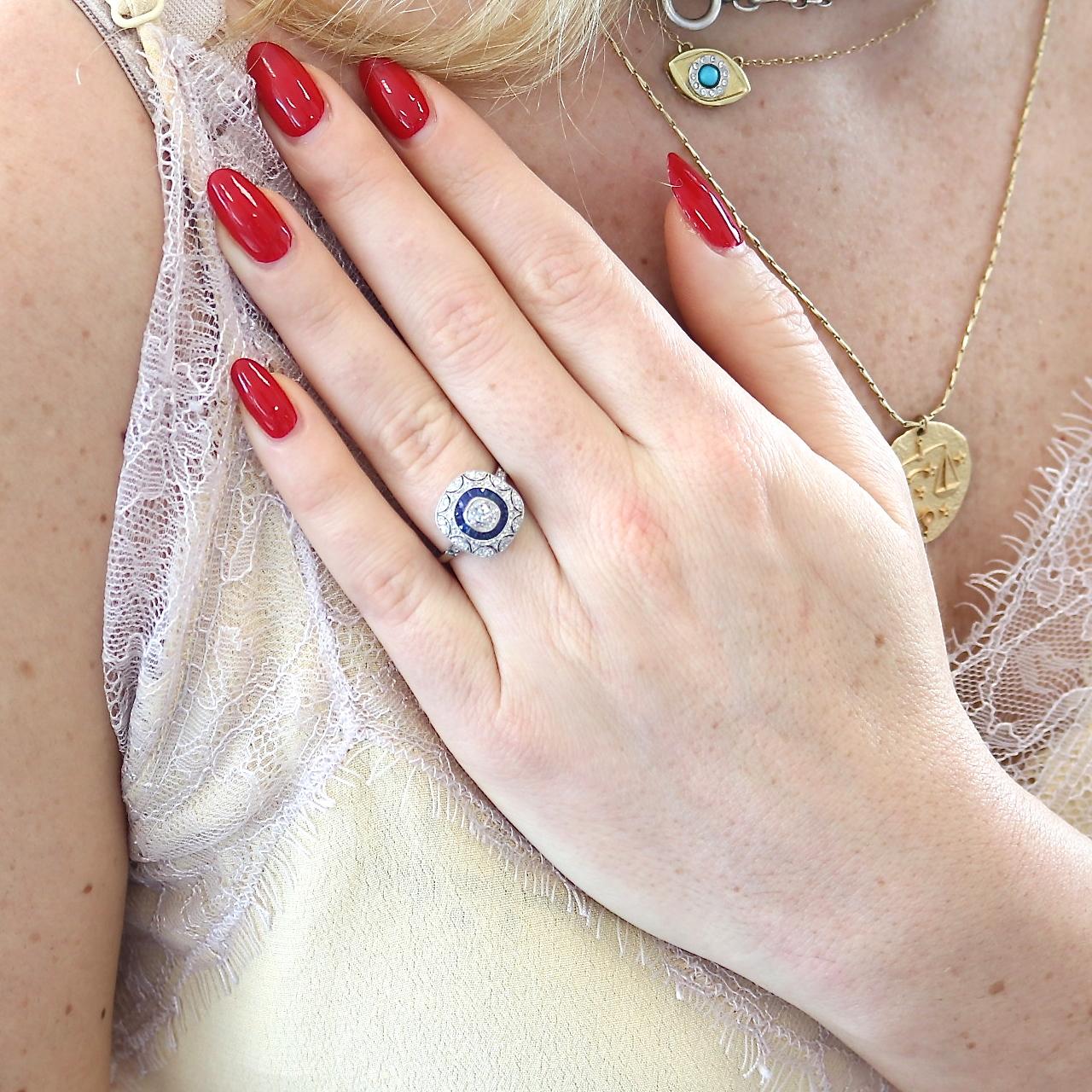 Old European Cut Art Deco Inspired Diamond Sapphire Platinum Ring
